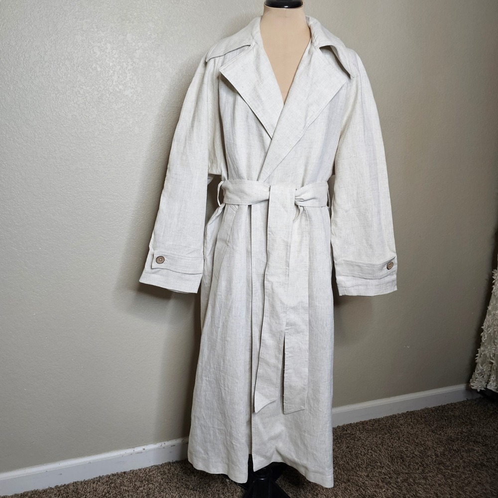 NWT Mango 100% Linen Trench Coat Oatmeal Beige Longline Belted Duster XS S M - Picture 2 of 13